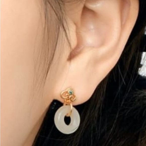 925 Sterling Silver Natural Jade Geometric Minimalist Drop Earring - Picture 2 of 2